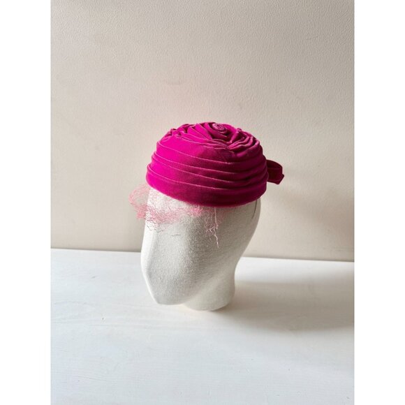 Vintage FRENCH ROOM Fuchsia Pink Velvet Pleated Bow Turban Juliet Hat - Picture 1 of 16